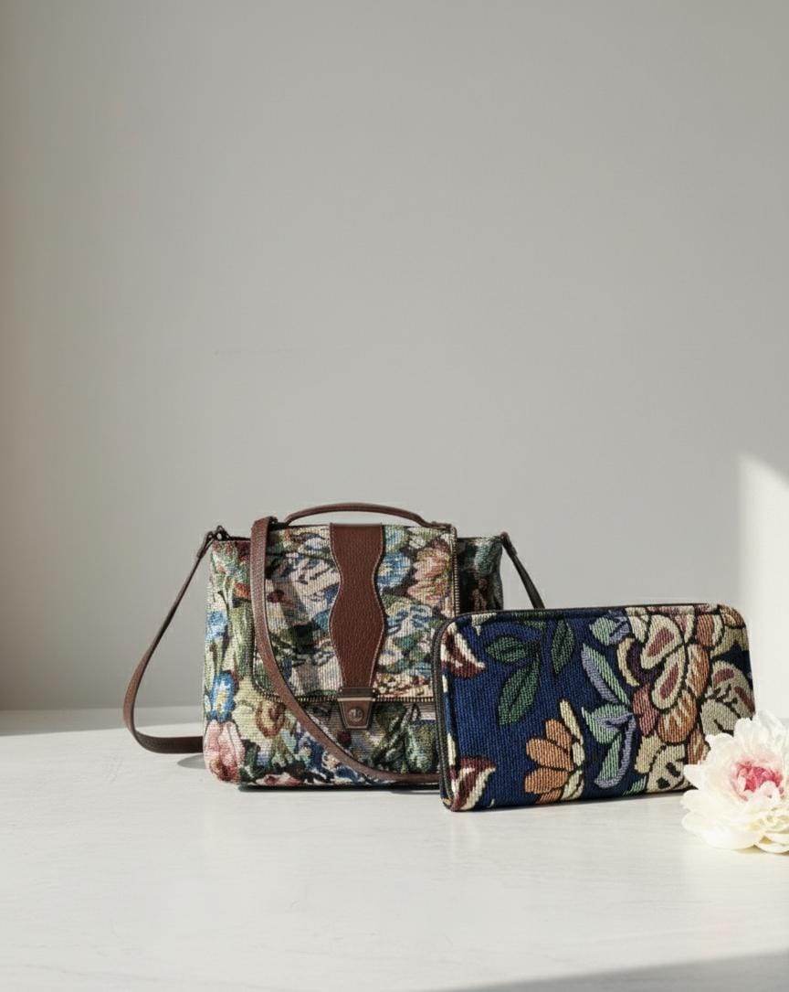 Elegant Floral Tapestry Shoulder Bag & Wallet Combo for Women | Vintage Style Woven Sling Bag Purse Set (Pack of 2)