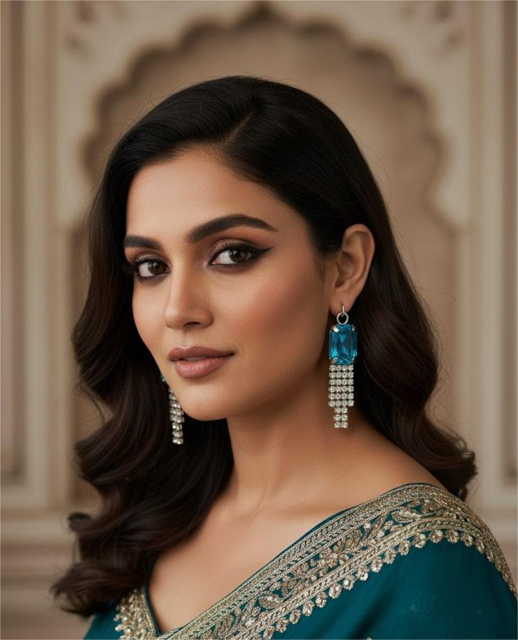 Blue Stone Dangler Earrings with Crystal Tassels | Elegant Party & Wedding Jewelry for Women-Jewellery-NONO & LULI-NONO & LULI