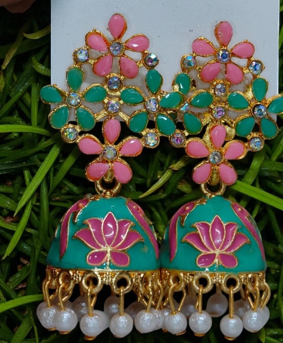 Green Floral Meenakari Jhumka Earrings with Pearl Drops, Hand-Painted Jhumki for Women, Festive & Party Wear Jewelry-Jewellery-NONO & LULI-NONO & LULI