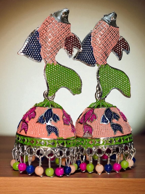 Stylish Fish Design Meenakari Jhumka | Trendy Oxidised Jhumki Earrings with Multicolor Beads | Ethnic Jewellery for Women and Girls