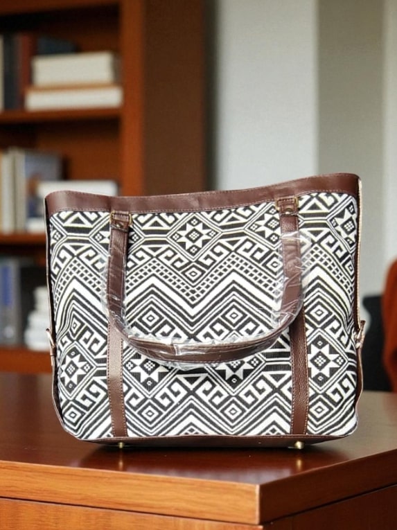 White Premium Jacquard Tote Bag for Women | Spacious Handbag with Trendy Ethnic & Geometric Design | Stylish Office, College & Travel Bag