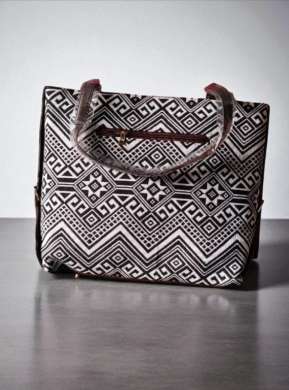 White Premium Jacquard Tote Bag for Women | Spacious Handbag with Trendy Ethnic & Geometric Design | Stylish Office, College & Travel Bag