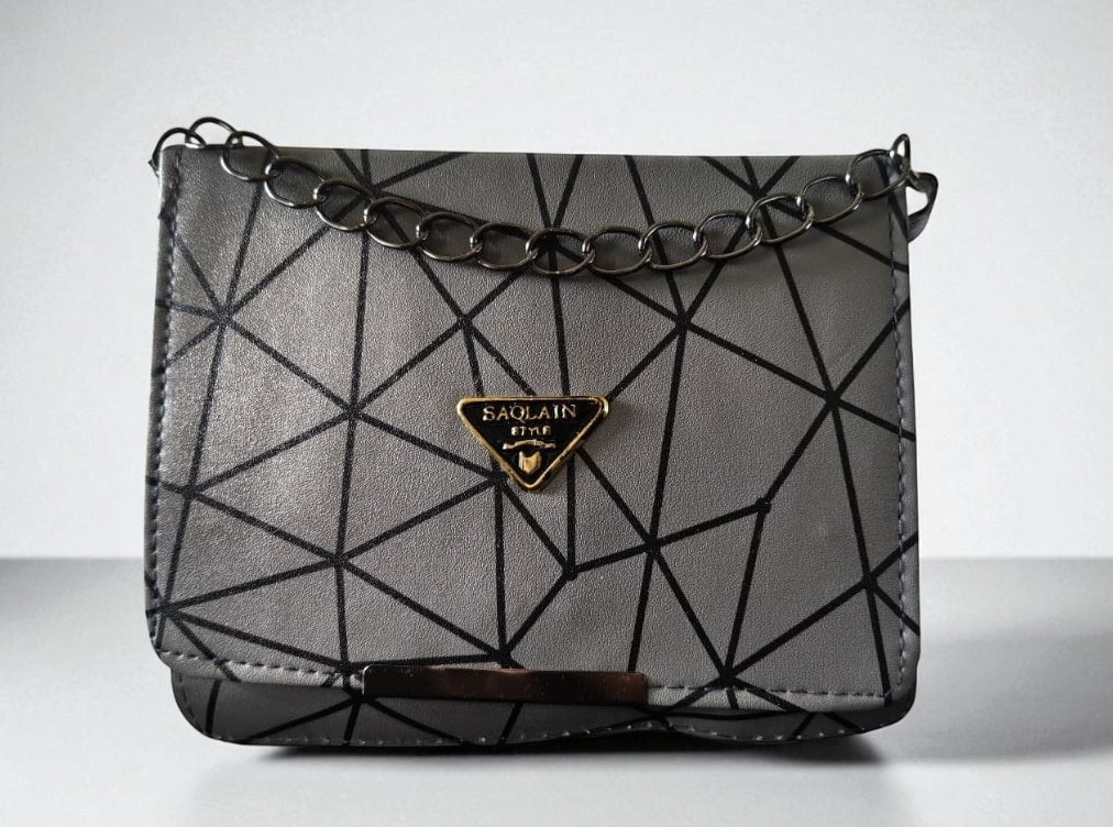 Trendy Geometric Pattern Grey PU Leather Sling Bags for Women & Girls – Stylish Crossbody Shoulder Bag