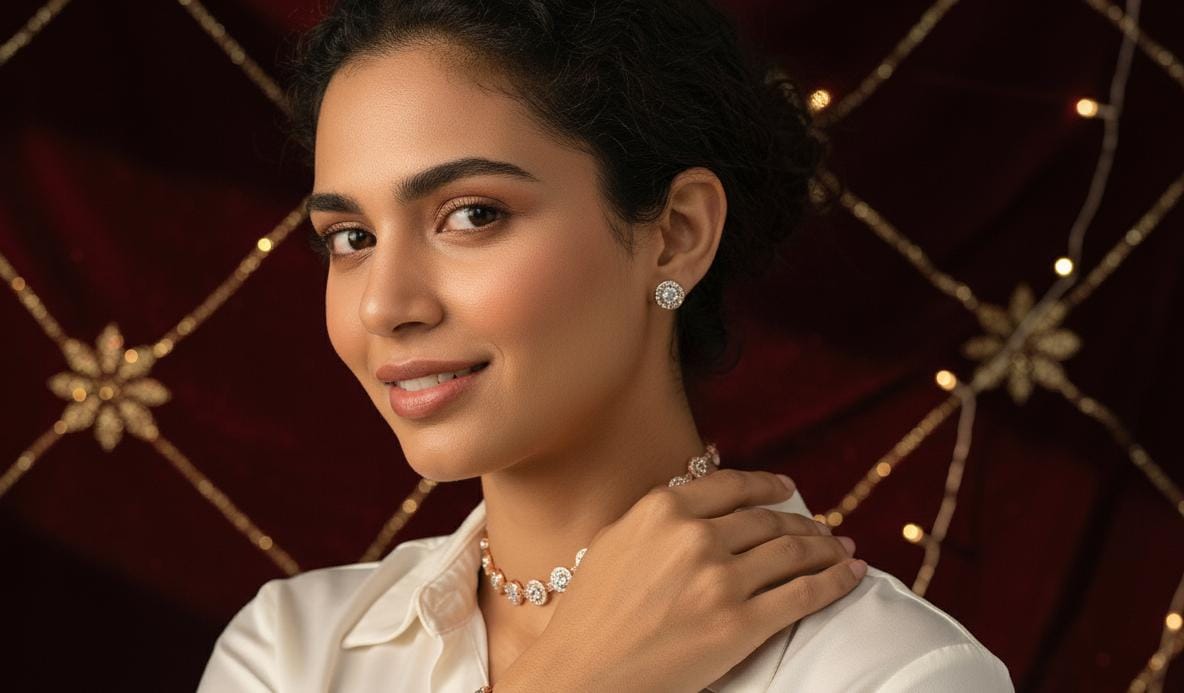 Rose Gold Plated Choker Necklace Set with Stud Earrings