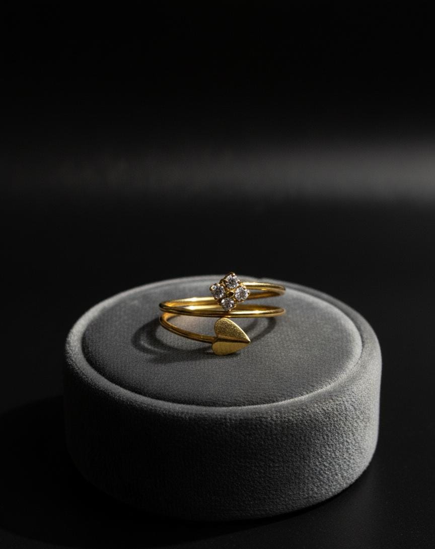 Geometric Heart & Diamond Flower Bypass Ring | Gold Dainty Band