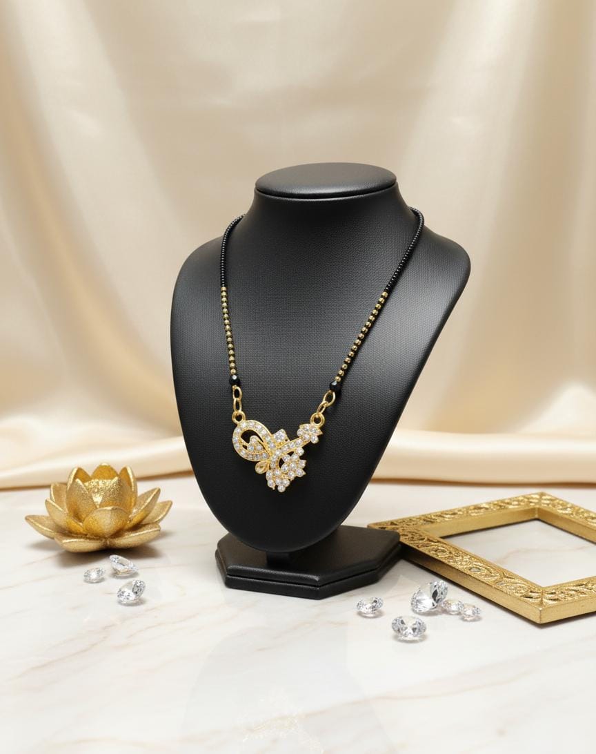 Charming Black Beads & Golden Mangalsutra with a Floral Zircon Pendant