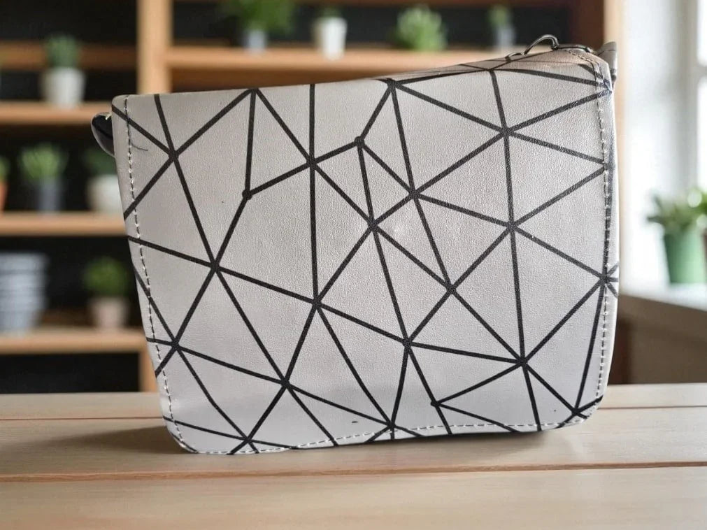 Trendy Geometric Pattern Grey PU Leather Sling Bags for Women & Girls – Stylish Crossbody Shoulder Bag-Ledies hand bags-NONO & LULI-NONO & LULI