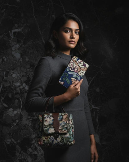 Elegant Floral Tapestry Shoulder Bag & Wallet Combo for Women | Vintage Style Woven Sling Bag Purse Set (Pack of 2)