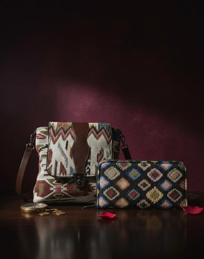 Trendy Black & White Logo Style Shoulder Bag with Geometric Clutch Combo | Designer Look Canvas Sling Bag Set (Pack of 2)