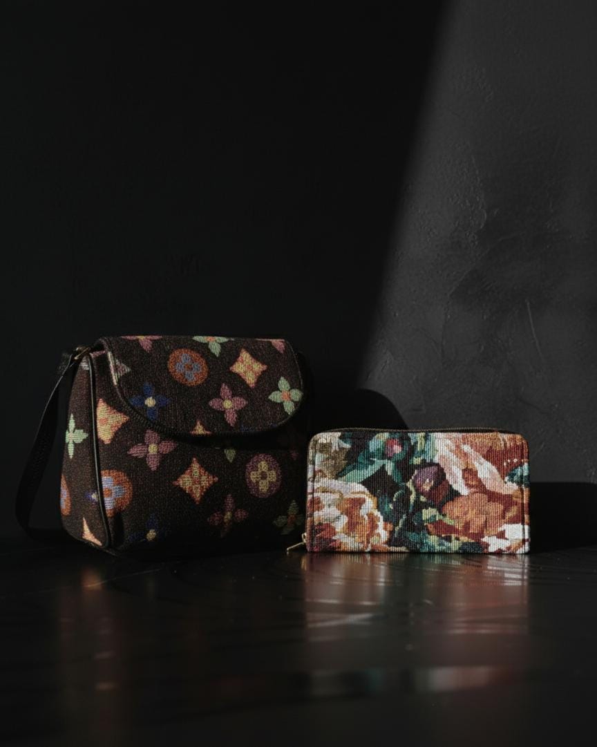 Stylish Logo Style Print Shoulder Bag & Geometric Clutch Combo for Women | Trendy Canvas Handbag with Matching Wallet Set (Pack of 2)