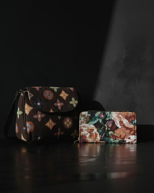 Stylish Logo Style Print Shoulder Bag & Geometric Clutch Combo for Women | Trendy Canvas Handbag with Matching Wallet Set (Pack of 2)