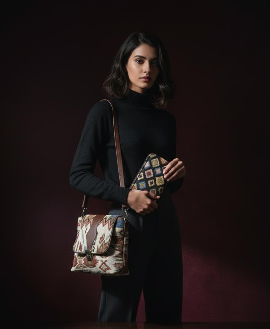 Trendy Black & White Logo Style Shoulder Bag with Geometric Clutch Combo | Designer Look Canvas Sling Bag Set (Pack of 2)