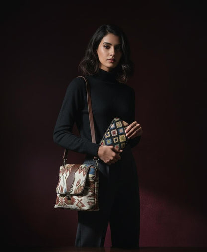 Trendy Black & White Logo Style Shoulder Bag with Geometric Clutch Combo | Designer Look Canvas Sling Bag Set (Pack of 2)