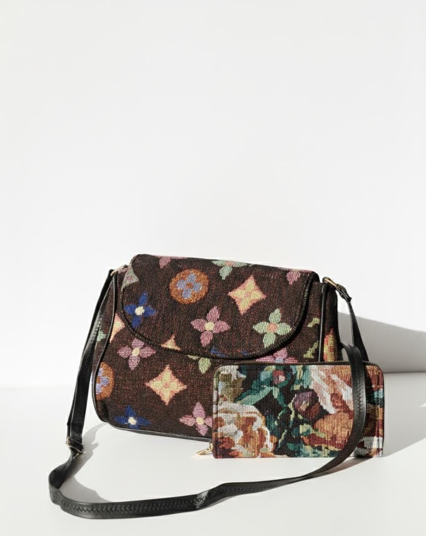 Stylish Logo Style Print Shoulder Bag & Geometric Clutch Combo for Women | Trendy Canvas Handbag with Matching Wallet Set (Pack of 2)