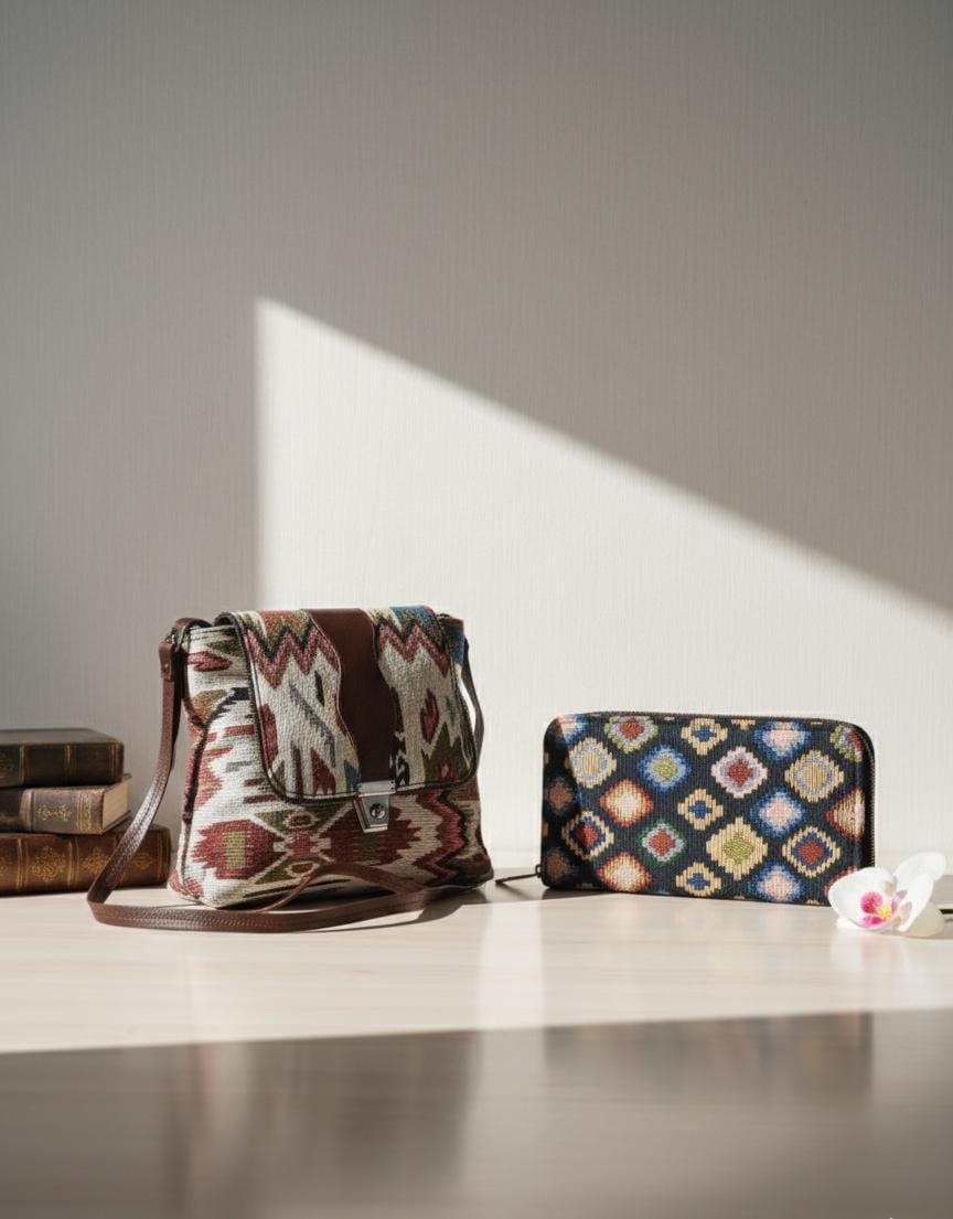 Trendy Black & White Logo Style Shoulder Bag with Geometric Clutch Combo | Designer Look Canvas Sling Bag Set (Pack of 2)