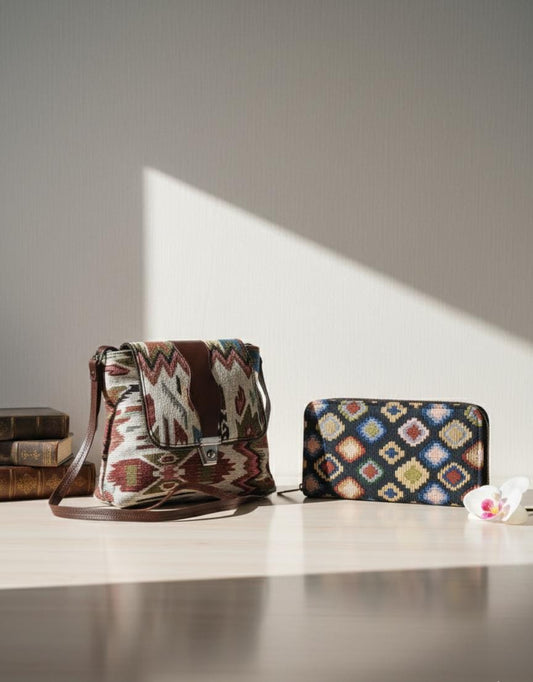 Trendy Black & White Logo Style Shoulder Bag with Geometric Clutch Combo | Designer Look Canvas Sling Bag Set (Pack of 2)