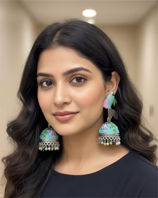 Trendy Fish Design Meenakari Jhumka | Colorful Oxidised Jhumki Earrings with Multicolor Beads | Festive Jewellery for Women & Girls
