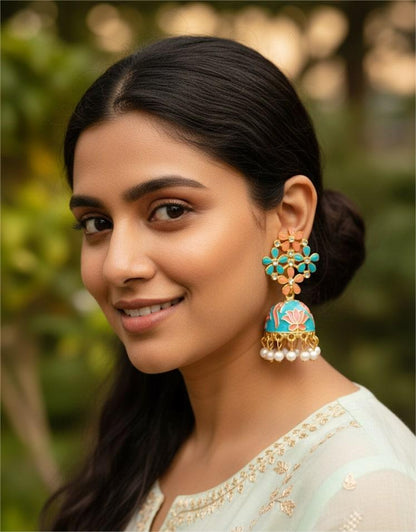 Floral Meenakari Jhumka Earrings with Pearl Drops, Hand-Painted Jhumki for Women, Festive & Party Wear Jewelry-Jewellery-NONO & LULI-NONO & LULI