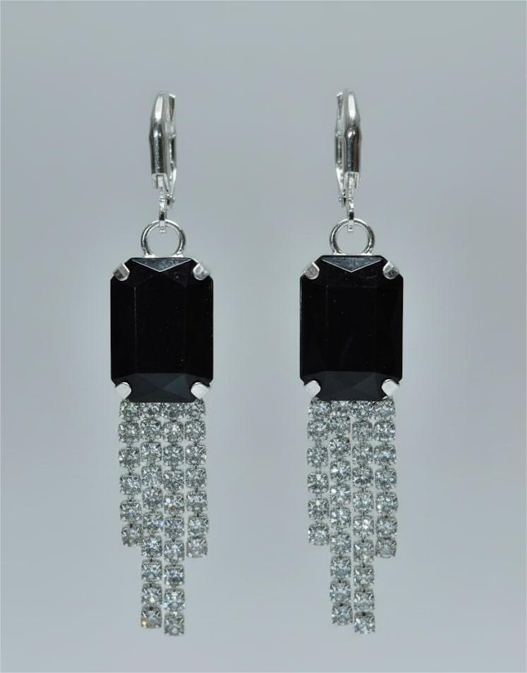 Black Stone Dangler Earrings with Crystal Tassels | Elegant Party & Wedding Jewelry-Jewellery-NONO & LULI-NONO & LULI