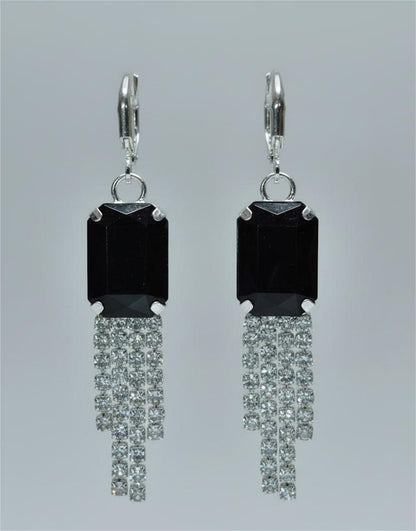Black Stone Dangler Earrings with Crystal Tassels | Elegant Party & Wedding Jewelry-Jewellery-NONO & LULI-NONO & LULI