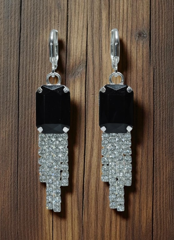Black Stone Dangler Earrings with Crystal Tassels | Elegant Party & Wedding Jewelry-Jewellery-NONO & LULI-NONO & LULI