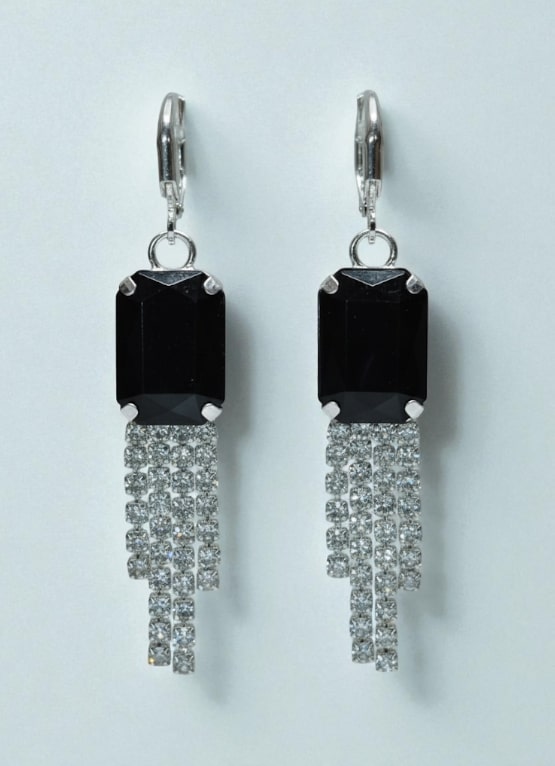 Black Stone Dangler Earrings with Crystal Tassels | Elegant Party & Wedding Jewelry-Jewellery-NONO & LULI-NONO & LULI
