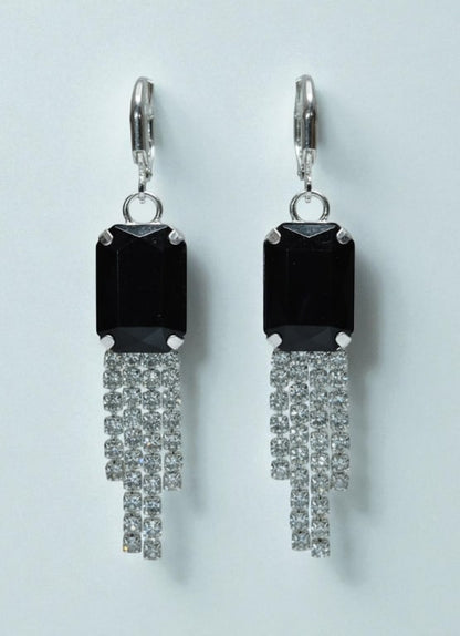Black Stone Dangler Earrings with Crystal Tassels | Elegant Party & Wedding Jewelry-Jewellery-NONO & LULI-NONO & LULI