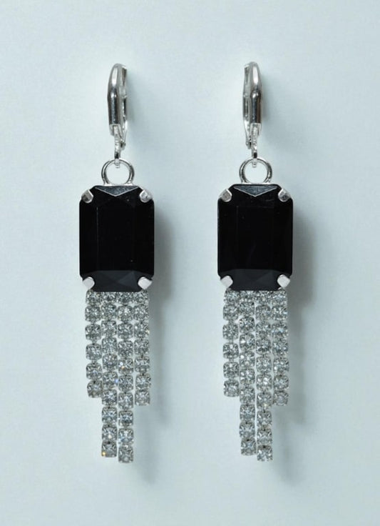 Black Stone Dangler Earrings with Crystal Tassels | Elegant Party & Wedding Jewelry-Jewellery-NONO & LULI-NONO & LULI