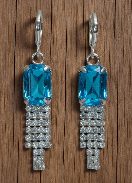Blue Stone Dangler Earrings with Crystal Tassels | Elegant Party & Wedding Jewelry for Women-Jewellery-NONO & LULI-NONO & LULI