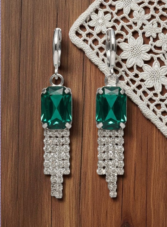 Green Stone Dangler Earrings with Crystal Tassels | Elegant Party & Wedding Jewelry for Women-Jewellery-NONO & LULI-NONO & LULI
