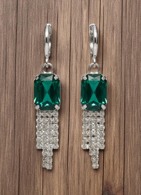 Green Stone Dangler Earrings with Crystal Tassels | Elegant Party & Wedding Jewelry for Women-Jewellery-NONO & LULI-NONO & LULI
