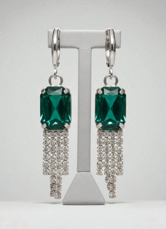 Green Stone Dangler Earrings with Crystal Tassels | Elegant Party & Wedding Jewelry for Women-Jewellery-NONO & LULI-NONO & LULI