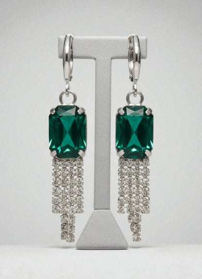 Green Stone Dangler Earrings with Crystal Tassels | Elegant Party & Wedding Jewelry for Women-Jewellery-NONO & LULI-NONO & LULI