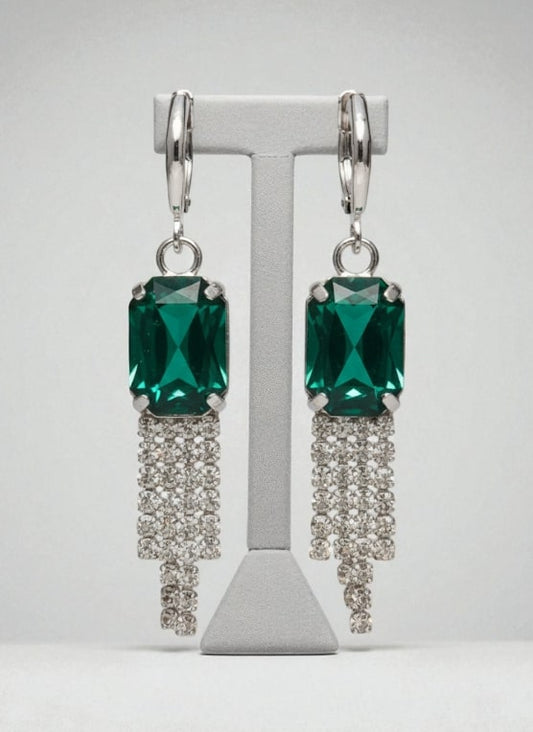 Green Stone Dangler Earrings with Crystal Tassels | Elegant Party & Wedding Jewelry for Women-Jewellery-NONO & LULI-NONO & LULI