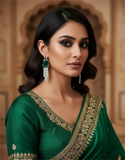 Green Stone Dangler Earrings with Crystal Tassels | Elegant Party & Wedding Jewelry for Women-Jewellery-NONO & LULI-NONO & LULI