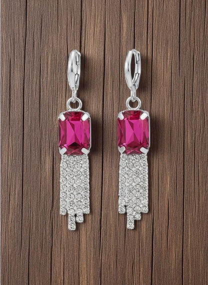Pink Stone Dangler Earrings with Crystal Tassels | Elegant Party & Wedding Jewelry for Women-Jewellery-NONO & LULI-NONO & LULI