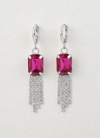 Pink Stone Dangler Earrings with Crystal Tassels | Elegant Party & Wedding Jewelry for Women-Jewellery-NONO & LULI-NONO & LULI