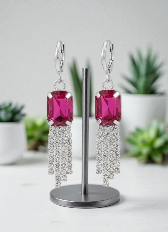 Pink Stone Dangler Earrings with Crystal Tassels | Elegant Party & Wedding Jewelry for Women-Jewellery-NONO & LULI-NONO & LULI