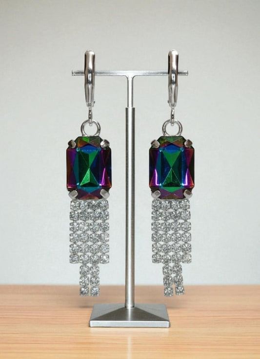 Rainbow Stone Dangler Earrings with Crystal Tassels | Statement Party & Wedding Jewelry for Women-Jewellery-NONO & LULI-NONO & LULI
