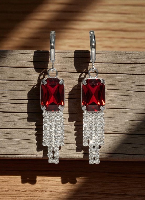Red Stone Dangler Earrings with Crystal Tassels | Elegant Party & Wedding Jewelry for Women-Jewellery-NONO & LULI-NONO & LULI