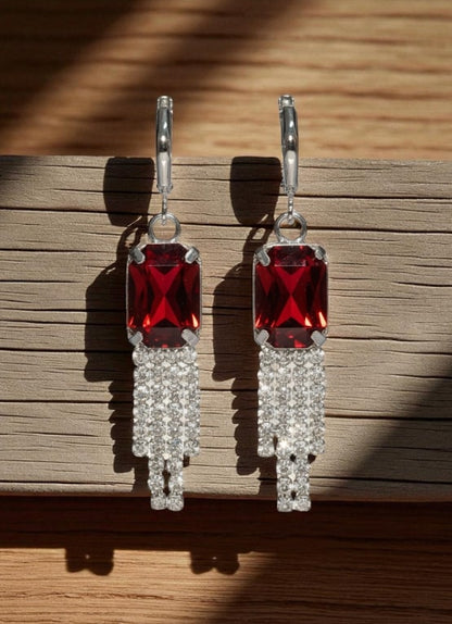 Red Stone Dangler Earrings with Crystal Tassels | Elegant Party & Wedding Jewelry for Women-Jewellery-NONO & LULI-NONO & LULI