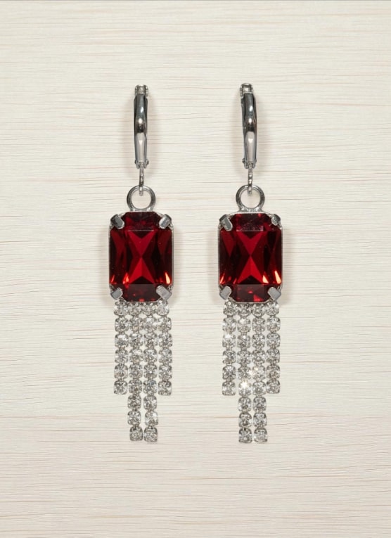 Red Stone Dangler Earrings with Crystal Tassels | Elegant Party & Wedding Jewelry for Women-Jewellery-NONO & LULI-NONO & LULI