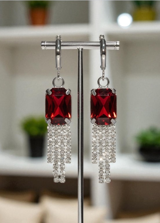 Red Stone Dangler Earrings with Crystal Tassels | Elegant Party & Wedding Jewelry for Women-Jewellery-NONO & LULI-NONO & LULI
