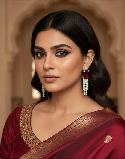 Red Stone Dangler Earrings with Crystal Tassels | Elegant Party & Wedding Jewelry for Women-Jewellery-NONO & LULI-NONO & LULI