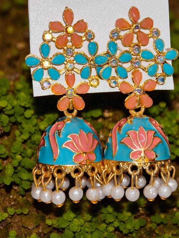 Floral Meenakari Jhumka Earrings with Pearl Drops, Hand-Painted Jhumki for Women, Festive & Party Wear Jewelry-Jewellery-NONO & LULI-NONO & LULI