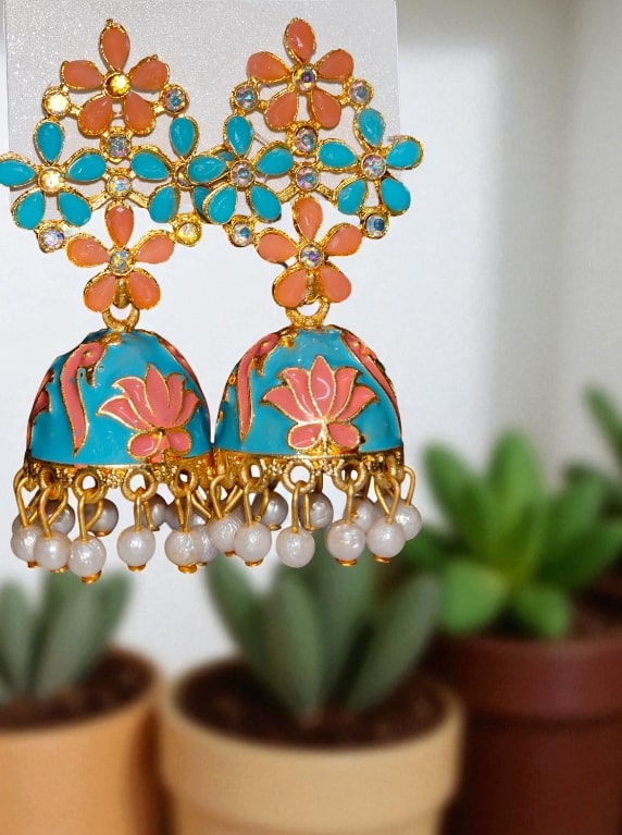Floral Meenakari Jhumka Earrings with Pearl Drops, Hand-Painted Jhumki for Women, Festive & Party Wear Jewelry-Jewellery-NONO & LULI-NONO & LULI