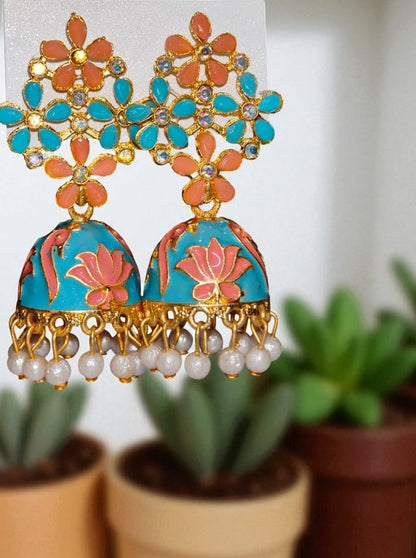 Floral Meenakari Jhumka Earrings with Pearl Drops, Hand-Painted Jhumki for Women, Festive & Party Wear Jewelry-Jewellery-NONO & LULI-NONO & LULI