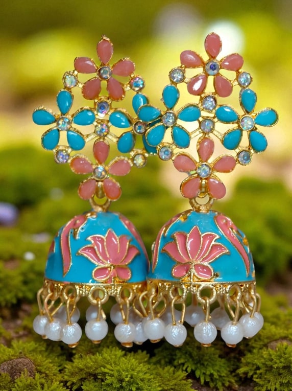 Floral Meenakari Jhumka Earrings with Pearl Drops, Hand-Painted Jhumki for Women, Festive & Party Wear Jewelry-Jewellery-NONO & LULI-NONO & LULI