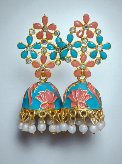 Floral Meenakari Jhumka Earrings with Pearl Drops, Hand-Painted Jhumki for Women, Festive & Party Wear Jewelry-Jewellery-NONO & LULI-NONO & LULI