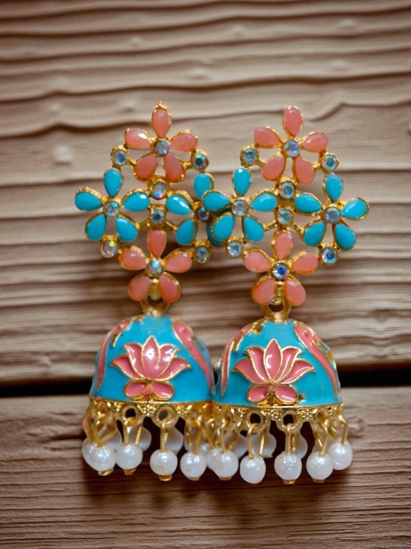 Floral Meenakari Jhumka Earrings with Pearl Drops, Hand-Painted Jhumki for Women, Festive & Party Wear Jewelry-Jewellery-NONO & LULI-NONO & LULI